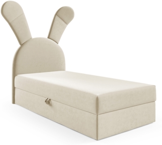 MEBLINI Kinderbett mit Bettkasten KANINCHEN 100x200 Links – H3/Beige Samt Gepolstert Einzelbett mit Matratze - Polsterbett mit Stauraum - Bett mit Kopfteil – Stauraumbett
