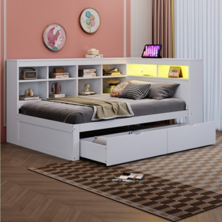HAUSS SPOLE Schlafsofa 90x200cm mit Ablagefächern, USB, Steckdose, LED-Leiste, Regalen, Weiß, 90x200 cm mit Stauraum, USB-Steckdose, LED-Licht, Ablagefächern und Regalen, ideal für moderne Schlafzimmer und Gästezimmer, Ohne Matratze