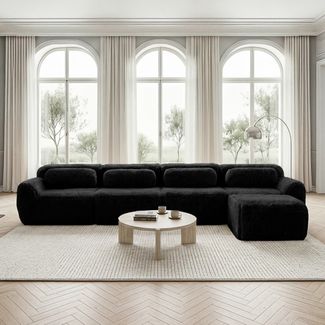 Sofa 4‑Sitzer modular mit Chaiselongue, Plüschstoff, Schwarz, Sitzfläche für 4 Personen, sofort einsatzbereit,378*179*73 cm