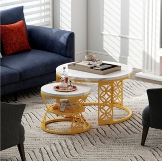 STILVORA Couchtisch Wohnzimmertische runde Satztisch Marmoroptik mit Bodenschutz,Sofatisch (Platzsparendes Design), Hitzebeständige, leicht zu reinigende Desktop