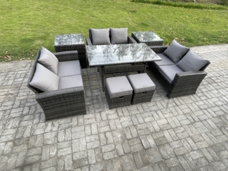 Fimous 8 Sitzer Polyrattan Gartenmöbel-Sets mit Länglicher Esstisch Doppelsitzsofa 2 kleine Fußhockern 2 Beistelltischen Dunkelgrau gemischt