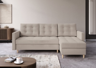 AX LIVING Kleine Couch L Form Nesbit 224cm Beige mit Schlaffunktion&Bettkasten