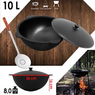 4BIG. fun Grilltopf Gusseisen Kasan 10L Alu WOK Kessel Schaumkelle, Gusseisen (Gusseisener Kasan mit Deckel und Schaumkelle)