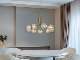 Große Pendelleuchte HONEY 9-flammig Gold-Glaskugeln Bernsteinfarbig, Ø 83cm