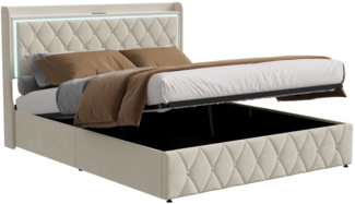 Gasdruckbett mit Kopfteilbeleuchtung und Ladefunktion, 160x200cm Beige Samt