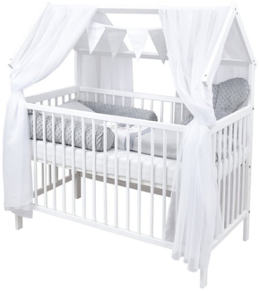 Baby-Delux Komplettbett Hausbett Babybett Schutzgitter Komplettset, 10-tlg, Kinderbett 60x120 cm weiß, Bettset verschiedene Designs