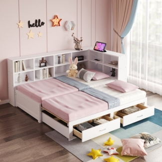 STILVORA Schlafsofa L-Form mit bettfunktion,TagesbettJugendbett 90/180×190 mit Steckdose, 90/180x190cm mit Ausziehbett, Steckdose & Stauraum, ohne Matratze