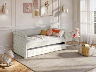 Vente-unique - Ausziehbett + Matratze - 2 x 90 x 190 cm - Stoff - Beige - LOUISE