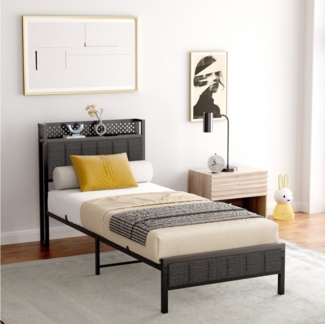 OKWISH Metallbett mit Lagerregal (Eisenbett, Funktionsbett mit Lattenrost, 1-tlg, 27 cm Bodenfreiheit für extra Aufbewahrung, 90*200cm, ohne Matratze), mit schwarzem Metallrahmen, integrierten USB-Anschlüssen