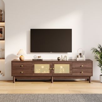 TV-Schrank, mit 2 Rattantüren, 4 Schubladen & Kabelmanagement, 180x35x44 cm, Braun