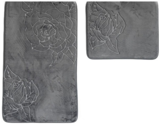 Almina Premium 2 teiliges Bademattenset aus Polyester Rutschfest Waschbar mit Rosenmotiv Grau
