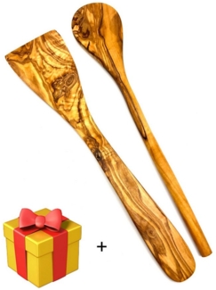 Olivenholz-erleben Kochlöffel 2tlg. Kochlöffel-Set (Kochlöffel rund, Pfannenwender ohne Löcher), Kochbesteck aus Olivenholz ist hitzebeständig und schonend zu Pfannen