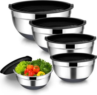 PFCTART Rührschüssel Schwarz Edelstahl Schüssel Salatschüssel Set 4 Stück, RostfreierStahl, 16+18+ 22+26cm mit Deckel für Küche Stapelbar Vielseitigkeit