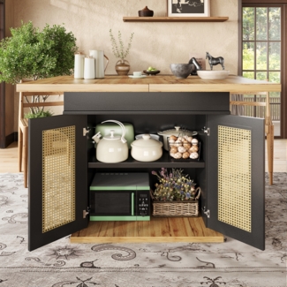 Ausziehbarer Esstisch 110-140x80x75 cm MDF Metall Rattan Stauraum Multifunktional,Schwarz & Natur