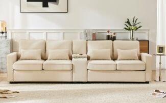 4-Sitzer Sofa mit Konsole, USB & Getränkehaltern, Leinen, 290x83x88 cm, Beige