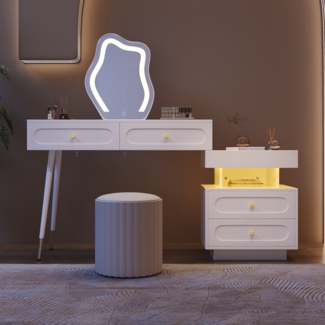 Merax Schminktisch mit LED-Spiegel und Beleuchtung - Weißes Schminktisch-Set für Schlafzimmer mit 4 geräumigen Schubladen und 1 offenes Staufach - Weiß
