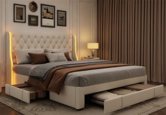 Gdood Polsterbett Stauraumbett Doppelbett LED (Jugendbett, Drei extra große Schubladen unter dem Bett), Mit LED-Beleuchtung, Schubladen, Samt, 140x200 cm