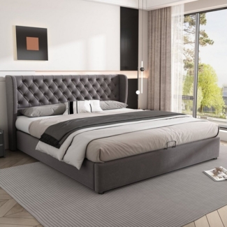 MODFU Polsterbett Doppelbett mit Bettkasten gepolstertem Kopfteil (Massivholz Untergestell mit Hydraulisch anhebbarer Bettstauraum, Samt Bezug Funktionsbett mIt Staufächer 180x200 cm Ohne Matratze), mit weichem Kopfteil Schaum-Polsterung Ohrenform Groß...