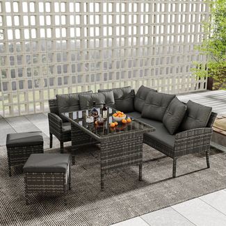 Celya Gartenlounge-Set Gartenlounges für 7 Personen, Gartenmöbel mit Sofa und Tisch, (Grau, Gartenlounge für 7 Personen, mit Sofa, Tisch, Hocker & Kissen), Poly Rattan Sitzgruppe Esstisch Lounge Gartenmöbel