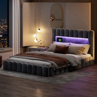 Polsterbett 180x200cm mit USB, Jugendbett Doppelbett mit Lattenrost und Stauraum, Stauraumbett mit LED, Samt, Grau