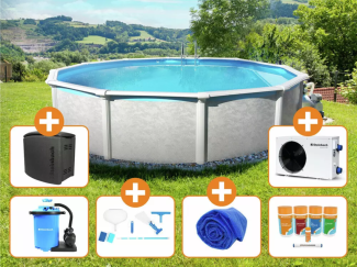 Steinbach Aktionsangebot Stahlwand Swimming Pool Set "Grande rund", Ø 549 x 135 cm,Zubehörset M (inkl. Filteranlage, Grundreinigungsset, Chlor Starterset, Solarabdeckplane, Pooltechnikbox, Wärmepumpe)