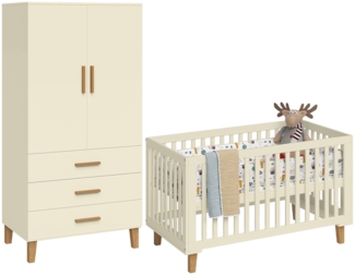 Bellabino 'Liri' Babyzimmer Set aus Babybett 70x140 cm und Kinderkleiderschrank, beige, 3-fach höhenverstellbares Kinderbett (umbaubar in Juniorbett), Kleiderschrank für Kinderzimmer mit 3 Schubladen