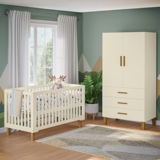 Bellabino 'Liri' Babyzimmer Set aus Babybett 70x140 cm und Kinderkleiderschrank, beige, 3-fach höhenverstellbares Kinderbett (umbaubar in Juniorbett), Kleiderschrank für Kinderzimmer mit 3 Schubladen