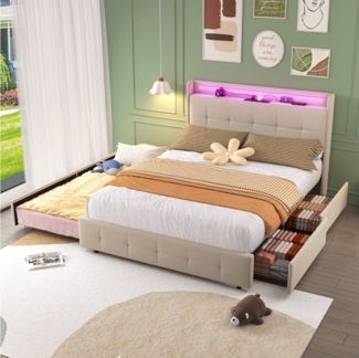 STILVORA Polsterbett Bett 160x200 Funktionsbett mit Ausziehbett, Doppelbett mit Stauraum (LED-Beleuchtung & Ausziehbett, 2 Schubladen, Stauraum-Polsterbett für Schlafzimmer & Gästezimmer, Kinderbett Gästebett Jugendbett 160x200cm), Ohne Matratze