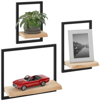 LAMO Manufaktur Wandregal Holz Set 3 St. 15/20/35cm Farbe: Natur, Rahmen: Schwarz, Schweberegal Massiv 100% Echtholz, Küchenregal Wand, Badezimmer Regal Hängend, Wandregal Wohnzimmer