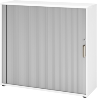 bümö Aktenschrank abschließbar mit Rollladen, Rollladenschrank für Ordner & Co. - Büroschrank mit Rollo, abschließbarer Ordnerschrank aus Holz in Weiß/Silber mit Streifengriff, 1733S-W-S-SG