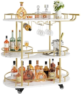 GarveeMore Servierwagen 3-stöckiger mit Rollen,Küchenwagen mit Metallrahmen und Holzregal, Gold Barwagen Weinwagen Küchenrollwagen für Küche,Esszimmer,Bar