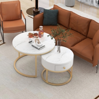 OKWISH Couchtisch Moderner Nesting Couchtisch (2-St, mit Hochglanz Marmormuster), Runde Couchtische Runder Nested Beistelltisch