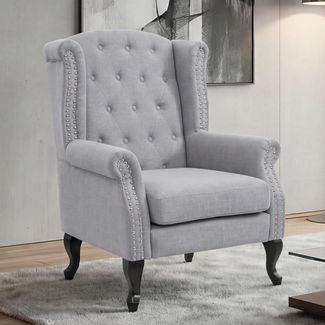 Sessel Chesterfield, Relaxsessel Clubsessel Ohrensessel, wasserabweisend Stoff/Textil ~ grau ohne Ottomane