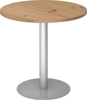 bümö Besprechungstisch, Esstisch klein, Tisch rund 80 cm - kleiner Esstisch Asteiche, Rundtisch Esstisch 2 Personen mit Holz-Platte, Säule aus Metall in silber, Konferenztisch, Bistrotisch, STF08-R-S