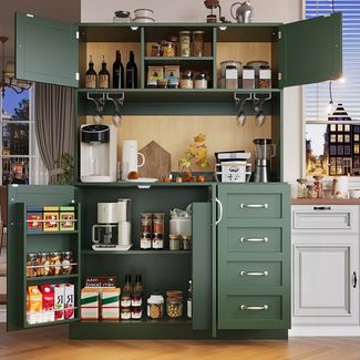 Flieks Küchenbuffet mit LED-Beleuchtung, Gläserhalter, Schubladen und Türablagen (1-St, B120/T40/H188 cm) Hochschrank Küchenschrank Geschirrschrank mit Arbeitsplatte Grün