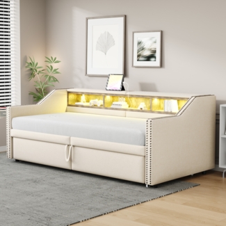 Polsterbett 90/180×200 cm aus Leinenstoff mit Stauraum, LED-Beleuchtung und USB-Buchse