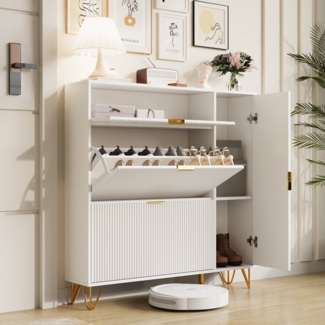 FUROKOY Schuhschrank Weiß Schuhregal Schuhkipper mit 2 Klappen und Kippsicherung (Schmal Schrank Schuhkommode, für 20 Paar Schuhe) für Eingangsbereich, Flur, 110 x 24 x 114.5 cm