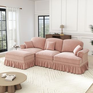 Sofa modular mit variabler Sitzfläche, Chenille in Pink, abnehmbare Rüschen und beweglicher Hocker,272*140*93 cm