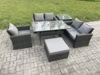 Fimous 6 Sitzer Gartenlounge Set Polyrattan Gartenmöbel Set mit Esstisch Doppelsitzsofa Großer Fußhocker Beistelltisch Dunkelgrau gemischt