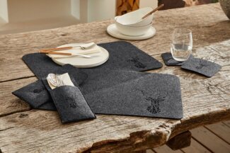 Home-trends24. de Platzset Hirsch Untersetzer Besteckhülle Set Filz schwarz Platzdeckchen Küche, (6-St)
