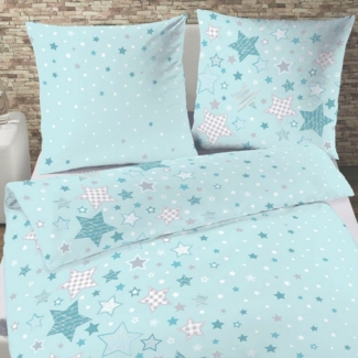 MTOnlinehandel Bettwäsche Sterne & Sternchen, 100 % Baumwolle, Biber, 2 teilig, Bettwäsche für Kinder und Erwachsene in mint & grau in zwei Größen