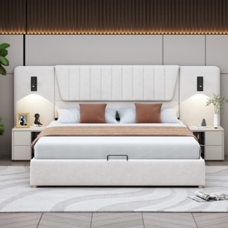 Merax Polsterbett mit Leselampe USB-Ladeanschluss, Samt beige, 180x200 cm