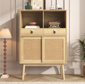 Ulife Sideboard Wohnzimmerschrank Kommode Stauraummöbel mit Echtem Rattangeflecht, 2 Türen, 2 Schubladen, 2 offene Fächer