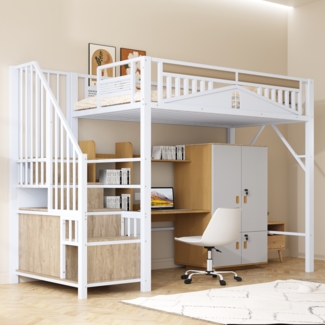 Merax Hochbett 90 x 200 cm, Kinderbett, Einzelbett, Einzigartiges Sicherheitsgehäuse mit Fenster, Sicherheitsleiter mit Spind, Weiß