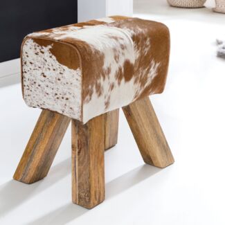 FineBuy Design Turnbock Sitzhocker Ziegenfell Braun/Weiß 40 x 30 x 47 cm | Turnhocker Hocker Lederhocker Springbock | Beistellhocker Echtleder Fußhocker