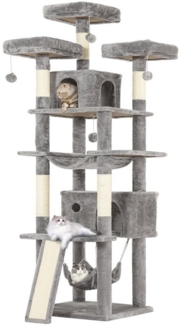 MSMASK Kratzbaum groß Katzenbaum, mit 3 Plattformen, 2 Höhlen, 194 cm hoch, XXL, 2 Hängematte, Katzenkratzbaum mit Kratzbrett