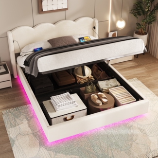 LVHOM Boxbett 160x200cm, Polsterbett/Stauraumbett/Doppelbett, 12-farbiger LED-Beleuchtung, USB- & USB-C-Ladeanschlüssen, Integriertes Hydrauliksystem, Robuster Metallstruktur, Luxuriöser Samtstoff Bettgestell