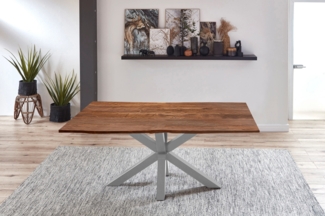 Esstisch Baumkante massiv Akazie nussbaum 120 cm Spider-Gestell silber QUINCY 70708467