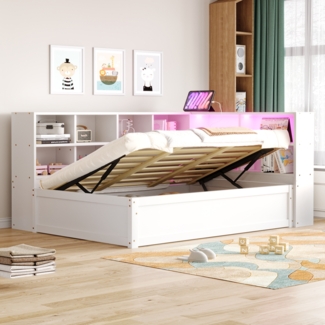 Schlafsofa mit Mehrfachsteckdose und mehreren Staufächern mit Lichtleiste hydraulisches Bett Massivholz Weiß 90 x 200 cm