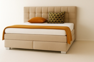 A&J MöbelLand Boxspringbett VERONA 140 x 200 cm mit zwei 7-Zonen-Taschenfederkernmatratzen und gepolstertem Kopfteil. Farbe: Beige